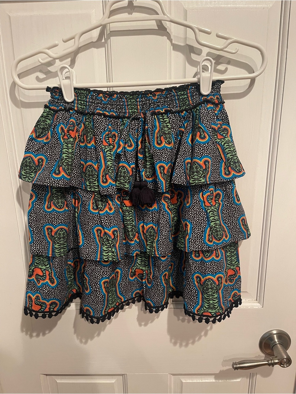 Briton Court Tiered Mini Skirt in Navy, Green & Orange Tiger Print XS
